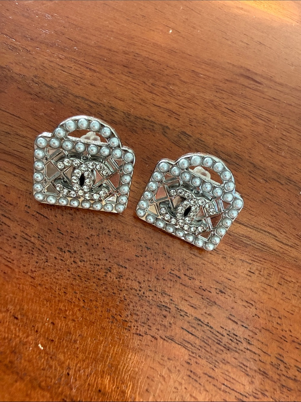 Silver Pearl & Crystal Logo-Style Clip-On Earrings